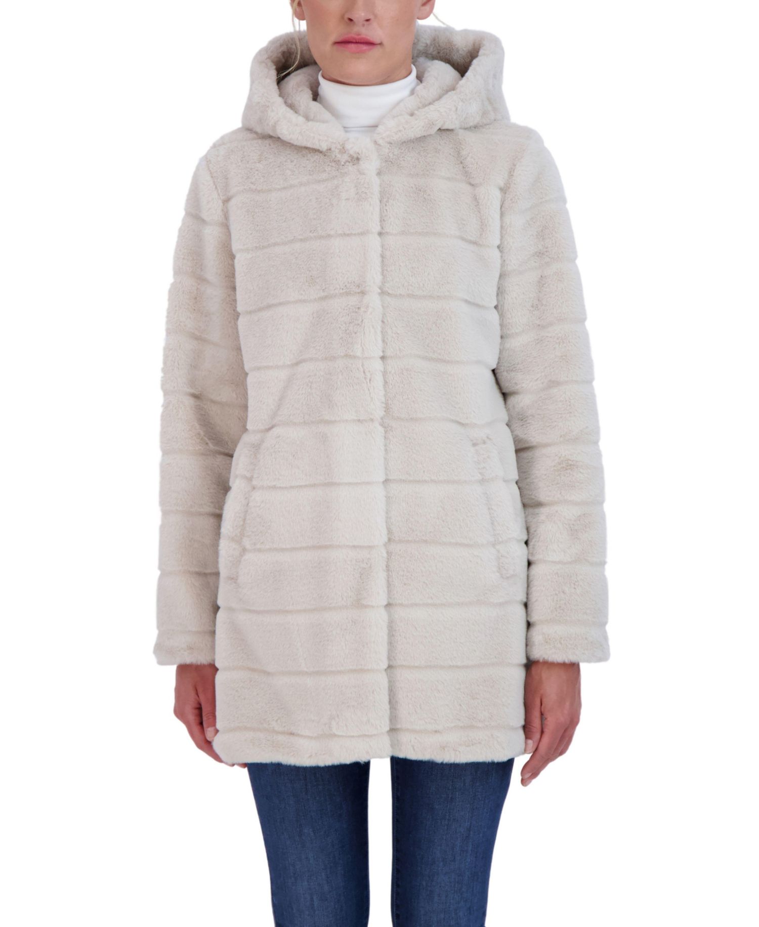 Women's Hooded Grooved Faux Fur Coat