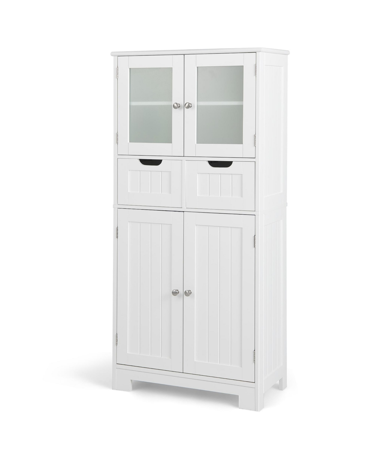 Bathroom Floor Storage Cabinet Kitchen Cupboard with 2 Drawers & Glass Doors - White
