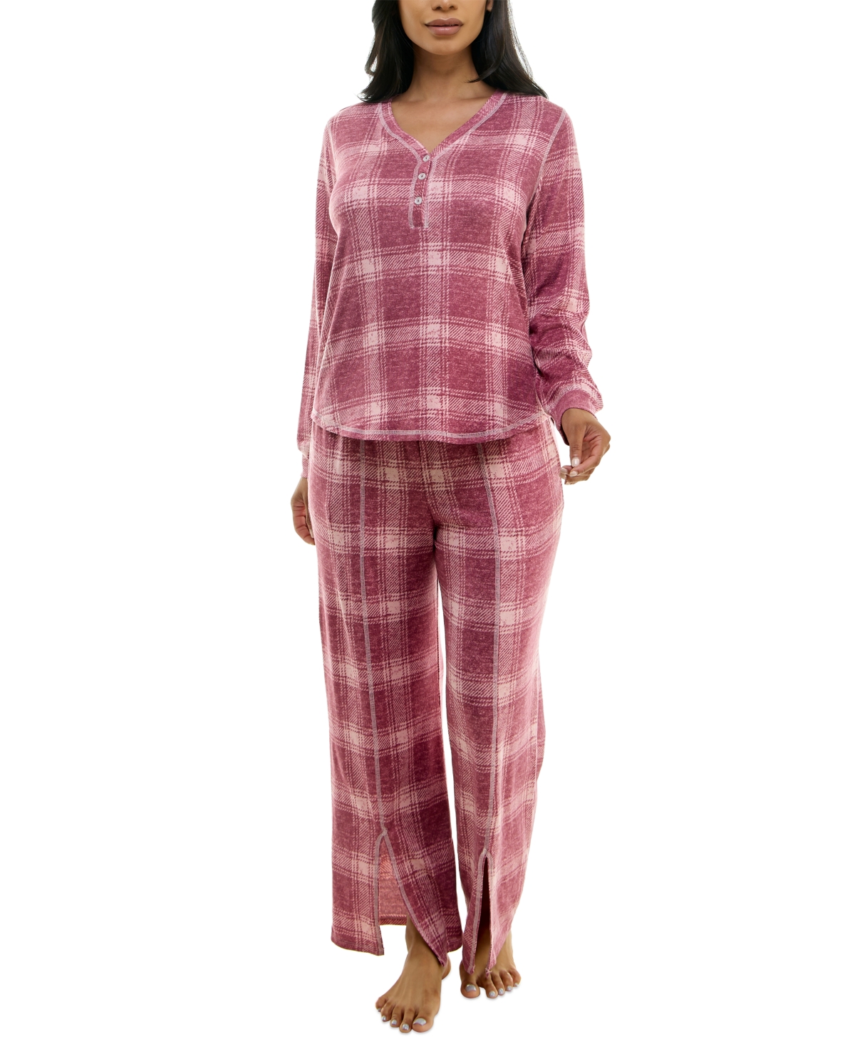 Women's 2-Pc. Printed Henley Pajamas Set - Beppo Distress Check