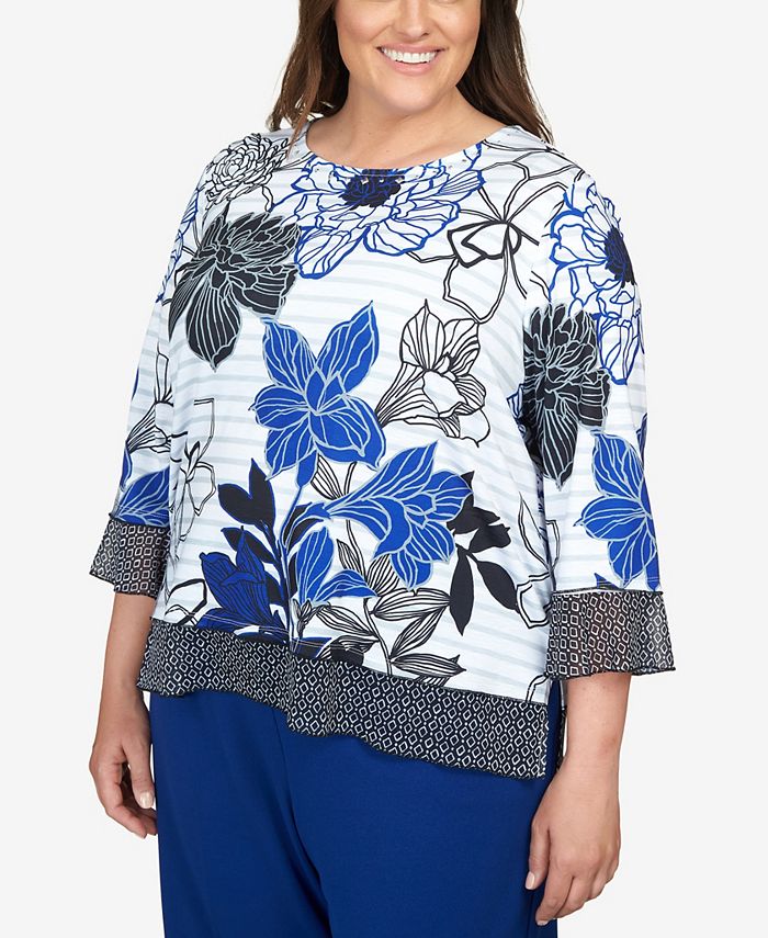 Alfred Dunner Plus Size Downtown Vibe Geo Trim Floral Stripe Top - Macy's
