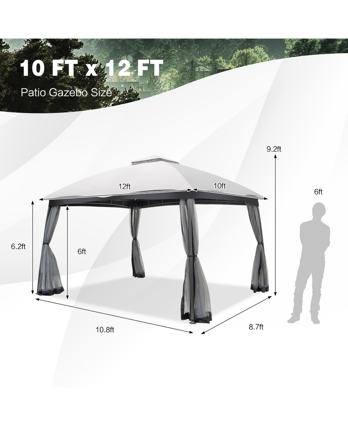 10x12 Ft 2-Tier Patio Gazebo Canopy Netting Heavy-Duty Metal Easy-Setup Outdoor