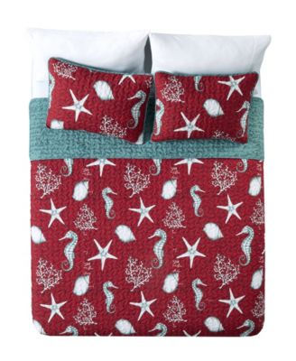 Shop Videri Home Festive Seahorse Reversible 3 Piece Quilt Set Collection In Red Multi