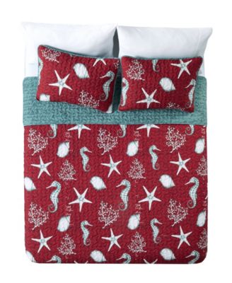 Videri Home Festive Seahorse Reversible 3 Piece Quilt Set Collection In Red Multi
