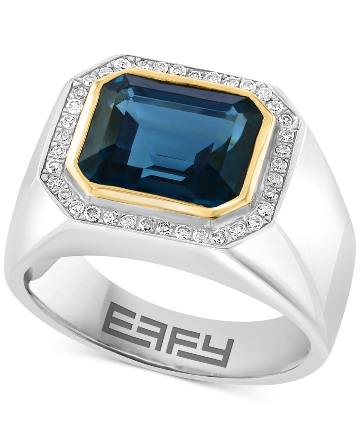 Effy Men's London Blue Topaz (6-1/10 ct. t.w.) & Diamond (1/5 ct. t.w.) Halo Ring in Sterling Silver & 14k Gold-Plated Sterling Silver - Silver