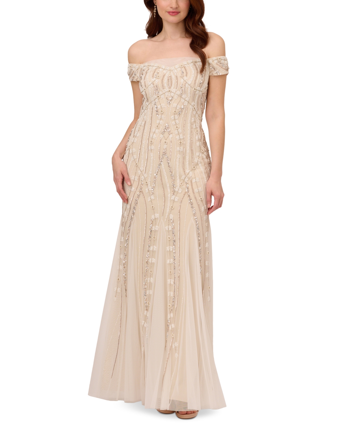 Adrianna Papell Women's Beaded Off-the-shoulder Gown In Ivry Pearl