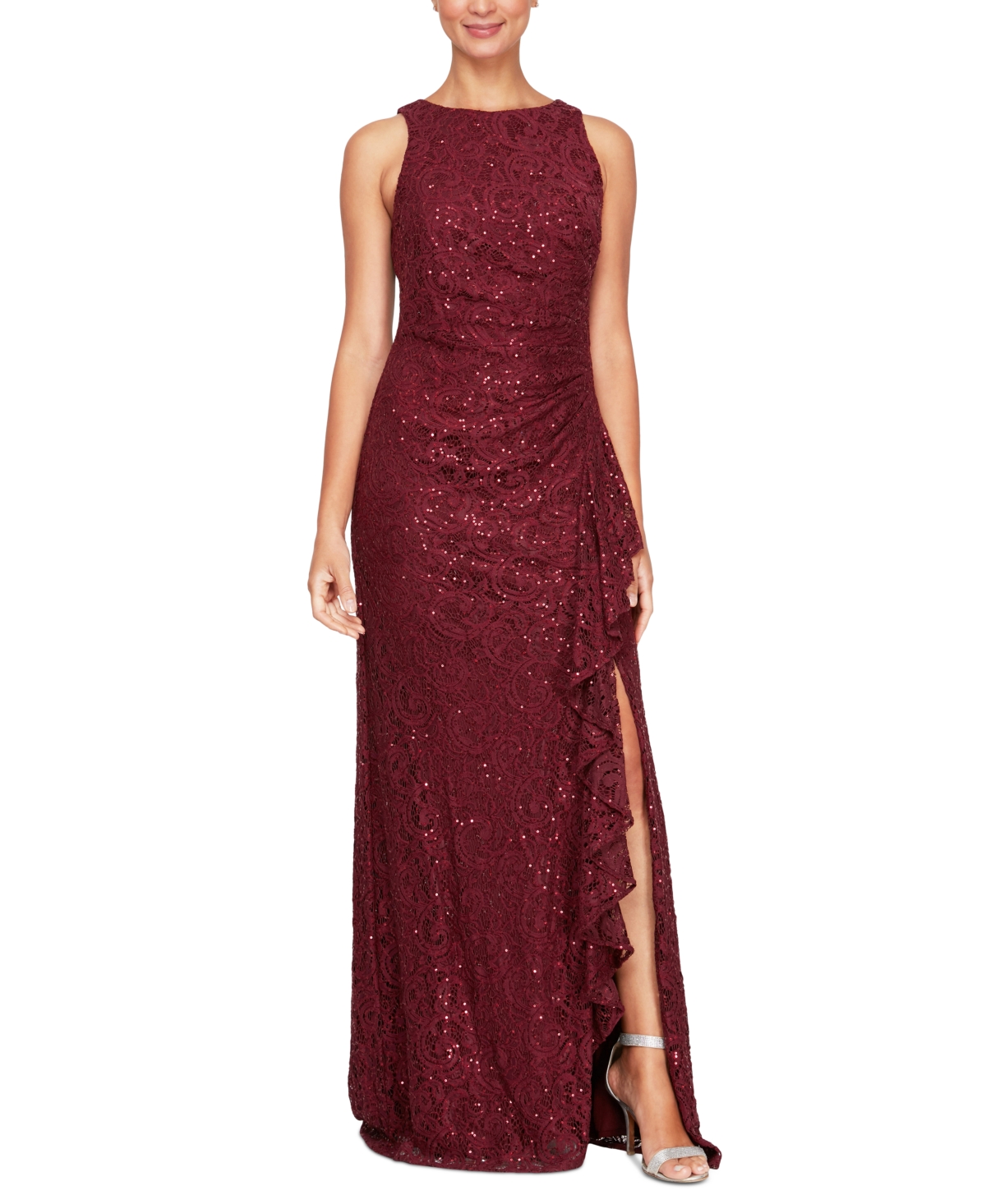 ALEX EVENINGS PETITE LACE SIDE-RUFFLE GOWN