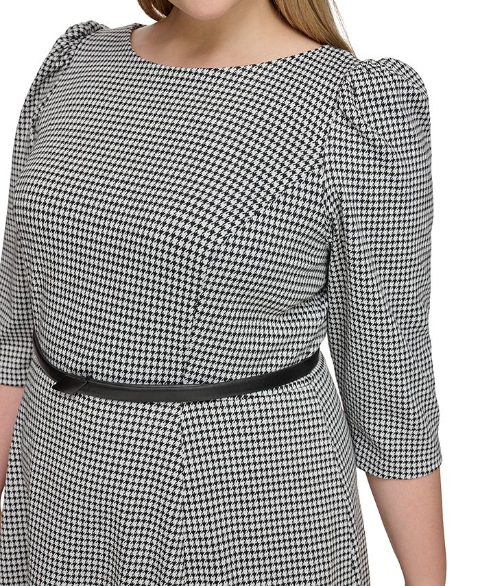 Calvin Klein 3/4 Sleeve Boat Neck Belted Houndstooth A-Line Midi