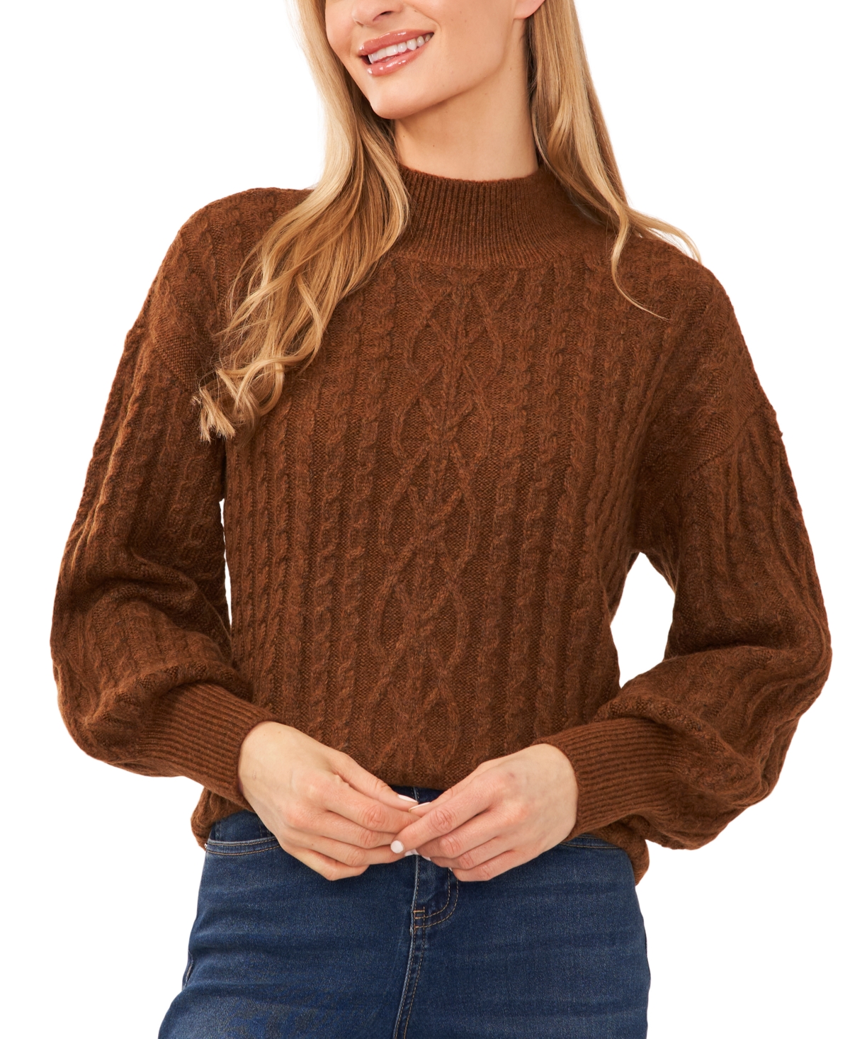Women's Cable-Knit Mock Neck Bishop Sleeve Sweater - Toasted