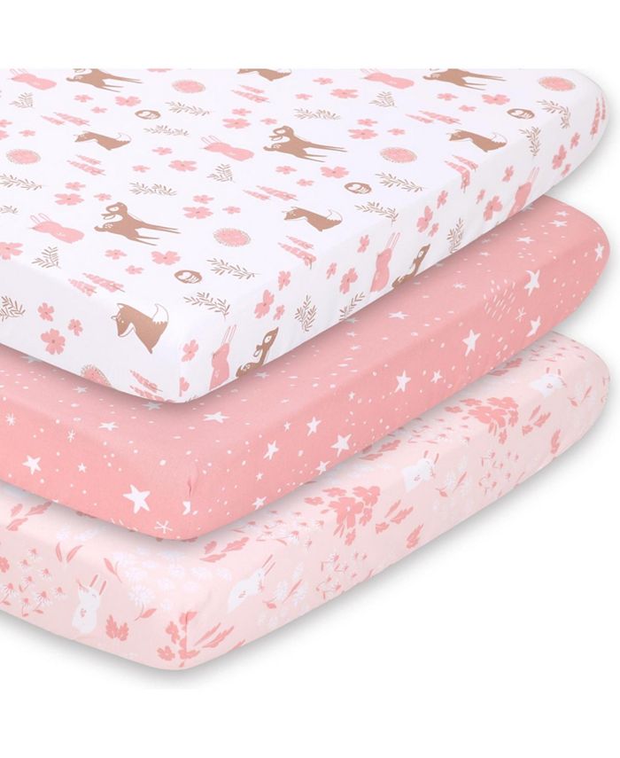 The Peanutshell Woodland Floral 3Pack Fitted Playard Sheets in Pink