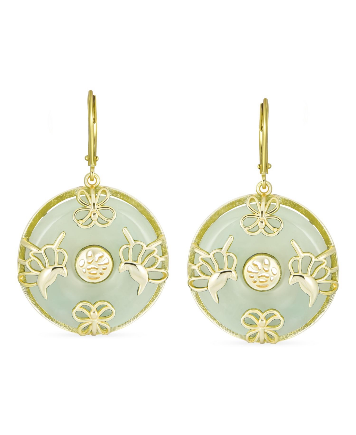 Bling Jewelry Asian Style Dangle Circle Round Donut Good FortuneNatural Jade Butterfly Disc Drop Statement Earrings 14K Gold Overlay Ster