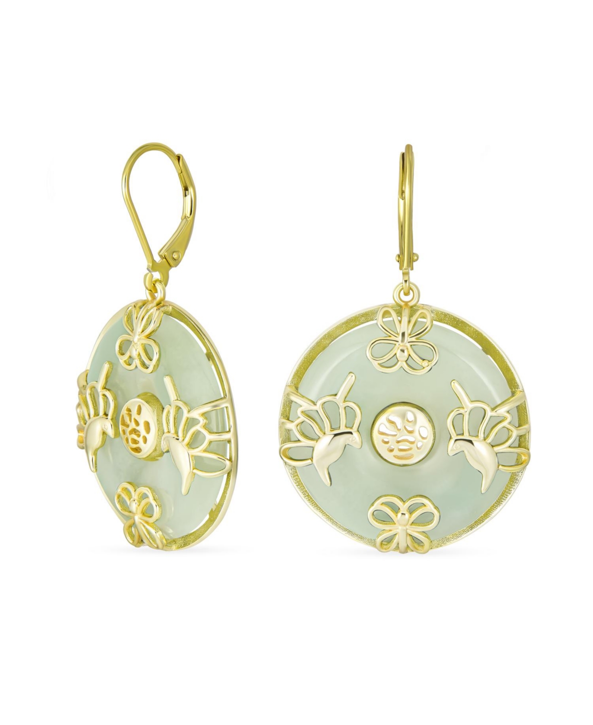 Asian Style Dangle Circle Round Donut Good Fortune Light Green Jade Butterfly Disc Drop Statement Earrings 14K Gold Overlay Sterling Sil