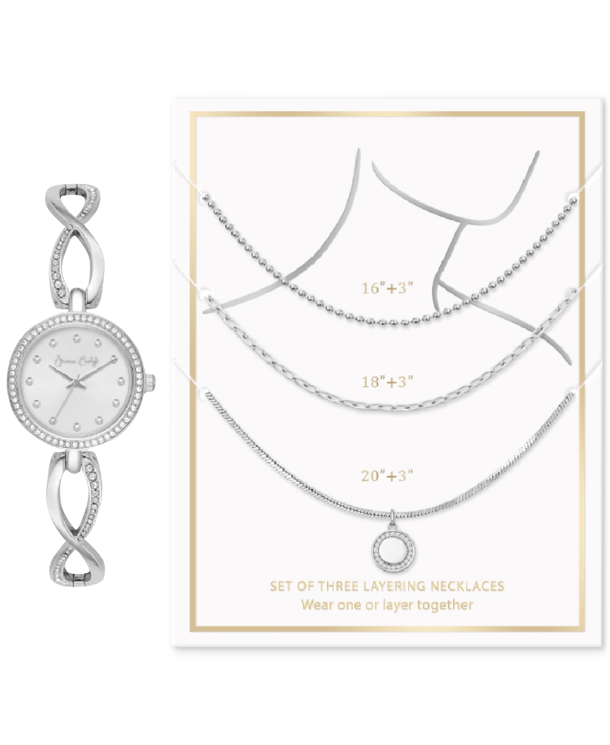 Jessica Carlyle Women's Crystal Bracelet Watch 30mm & 3-pc. Necklace Gift Set In Shiny Silver,light Silver Sunray