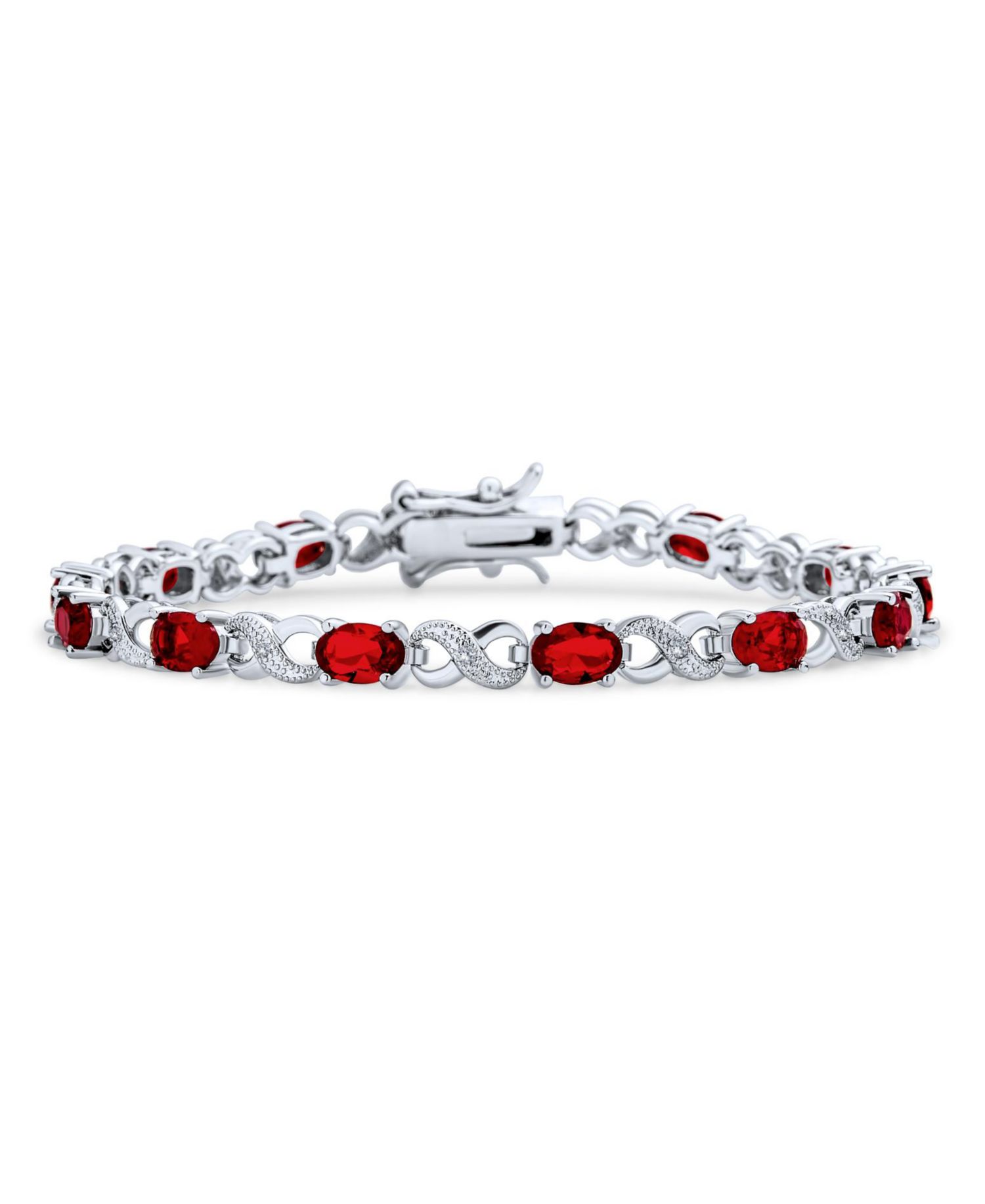 Birthstone Dark Pink Color CZ Oval Infinity Tennis Bracelet Silver Plated