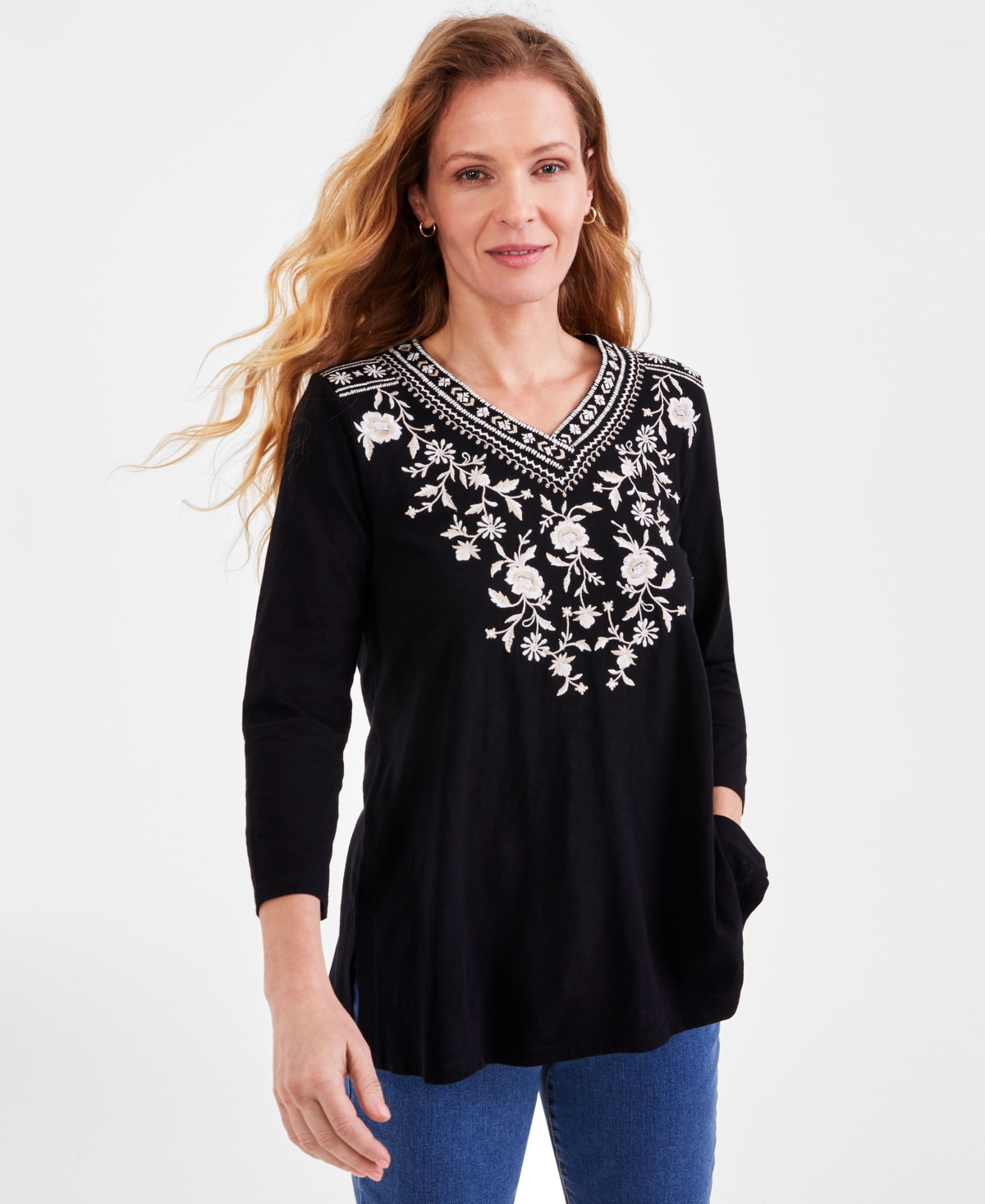 Style & Co Women's Cotton Embroidered 3/4-sleeve Tunic, Regular & Petite, Created For Macy's In Deep Black