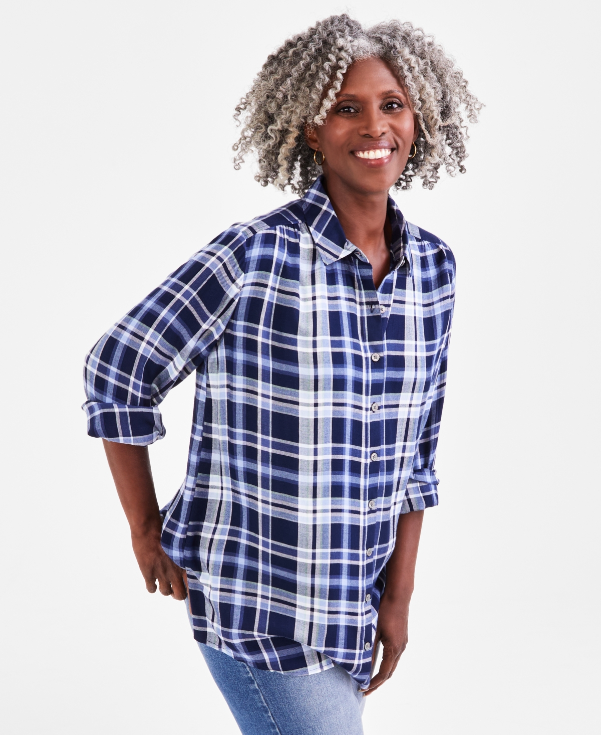 Style & Co Petite Payton Plaid Long-sleeve Boyfriend Tunic, Created For Macy's In Plaid Blue