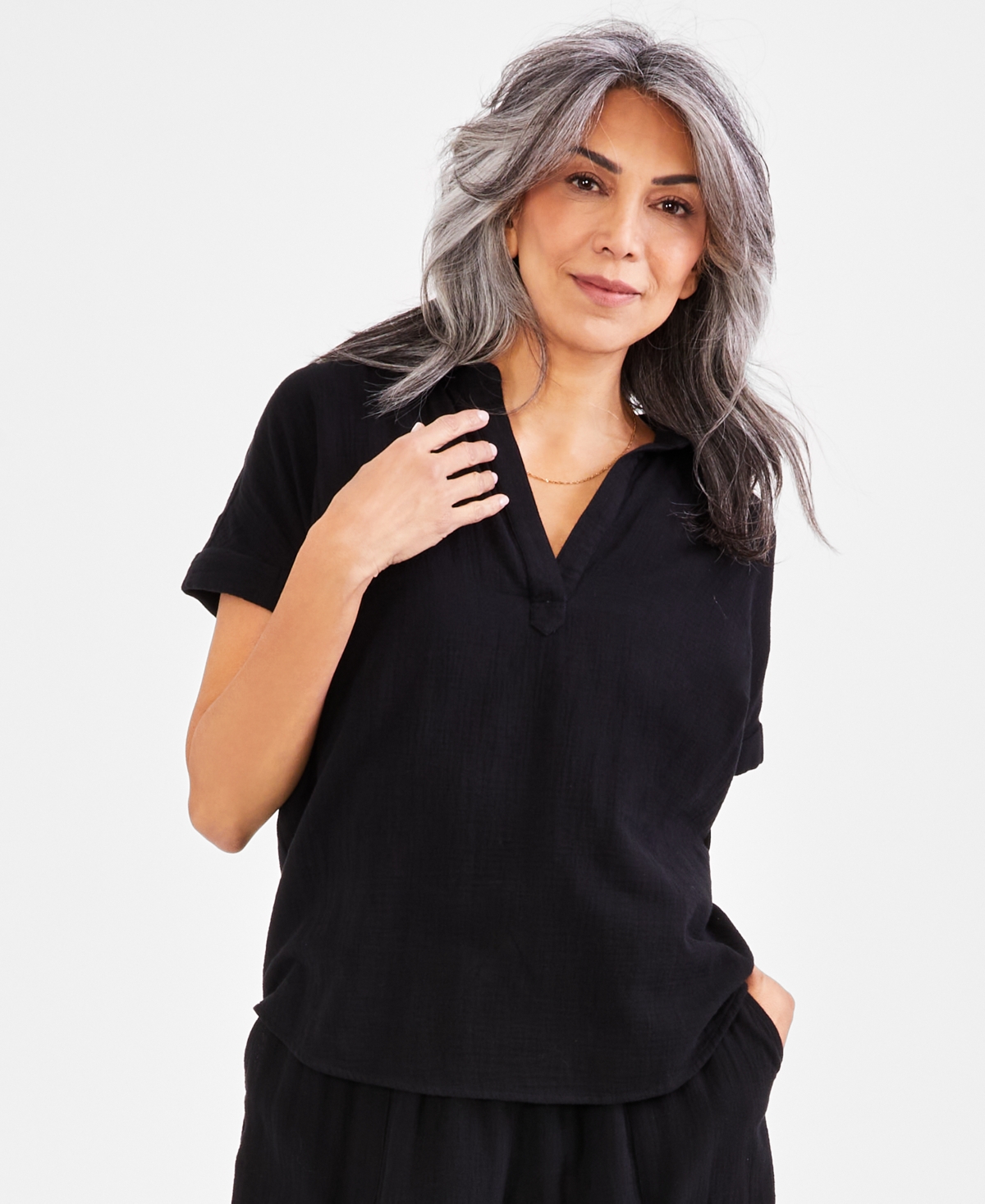 Style & Co Women's Cotton Gauze Popover Collared Top, Created For Macy's In Deep Black