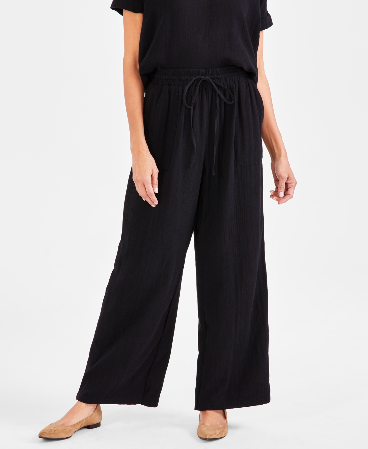 Shop Style & Co Women's Cotton Gauze Wide-leg Pants, Created For Macy's In Deep Black