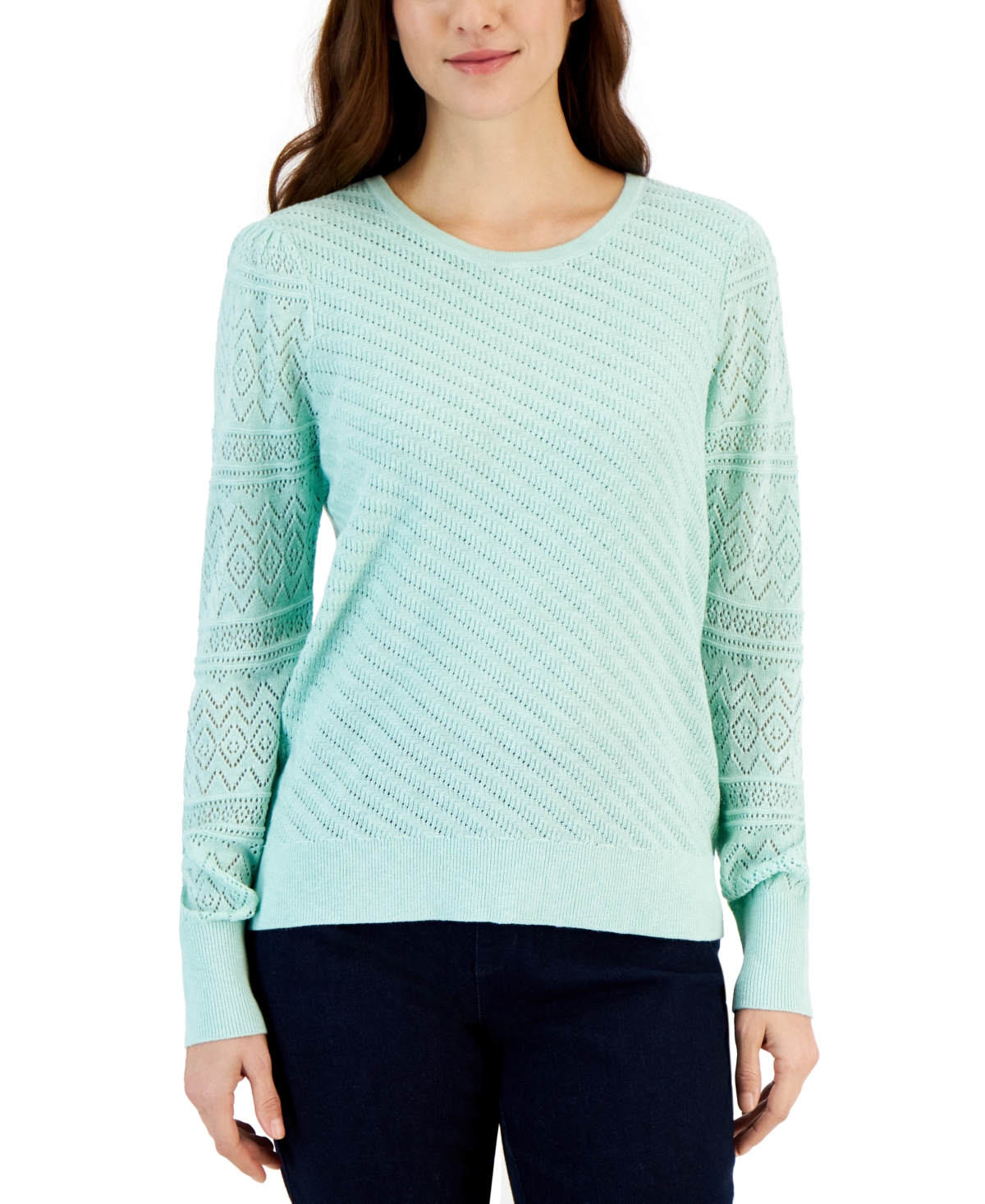 Style & Co Petite Pointelle Pattern Sleeve Sweater, Created For Macy's In Art Deco Green