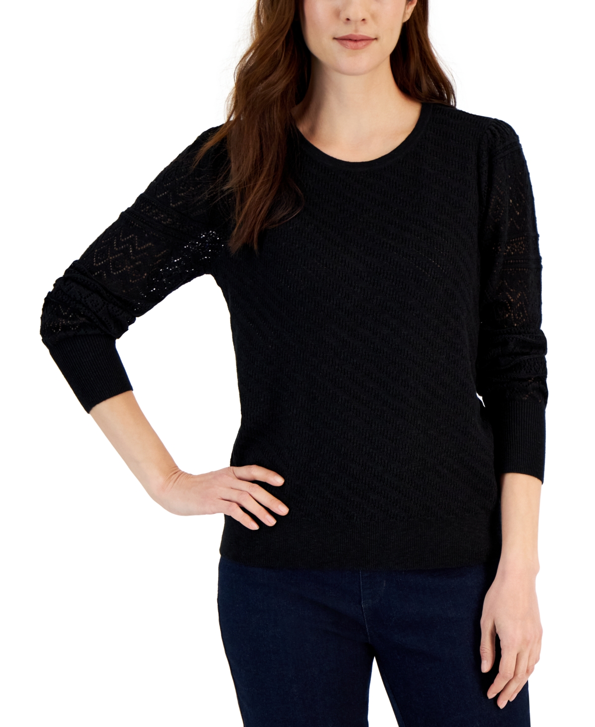STYLE & CO PETITE POINTELLE PATTERN SLEEVE SWEATER, CREATED FOR MACY'S