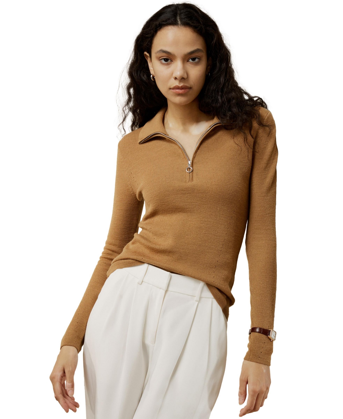 Women's Gaia Ribbed Half Zip Ultra-fine Wool Sweater - Camel