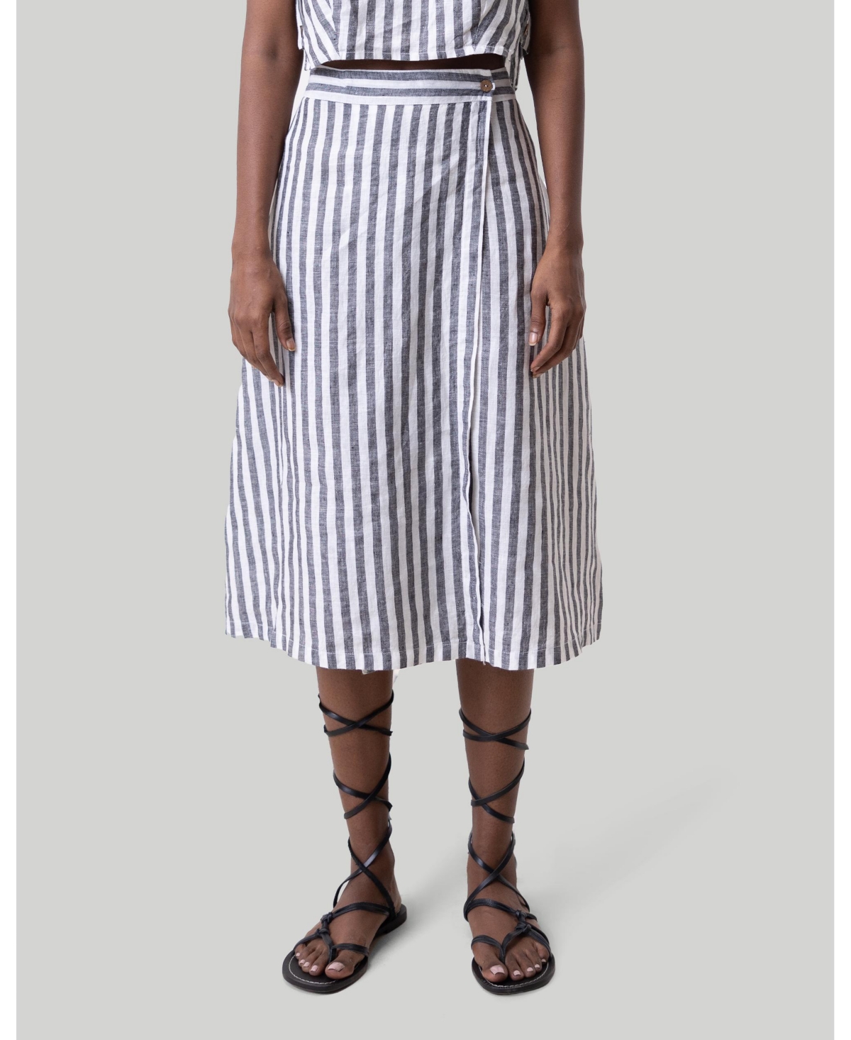 Women's Overlap Midi Skirt - Linen stripes