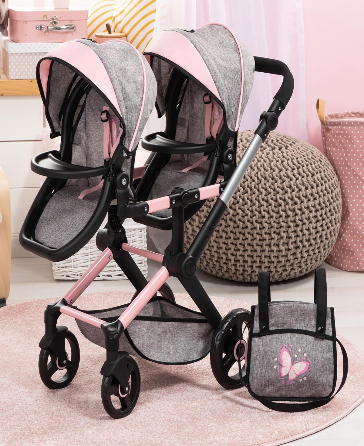 Bayer Design Dolls Butterfly , Xeo Twin Pram Set In Multi