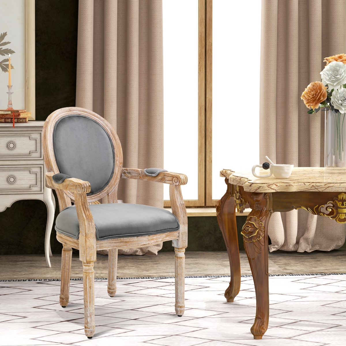 Homcom Vintage Dining Chair Solid Wood Frame Living Room Upholstered Seat,- Grey