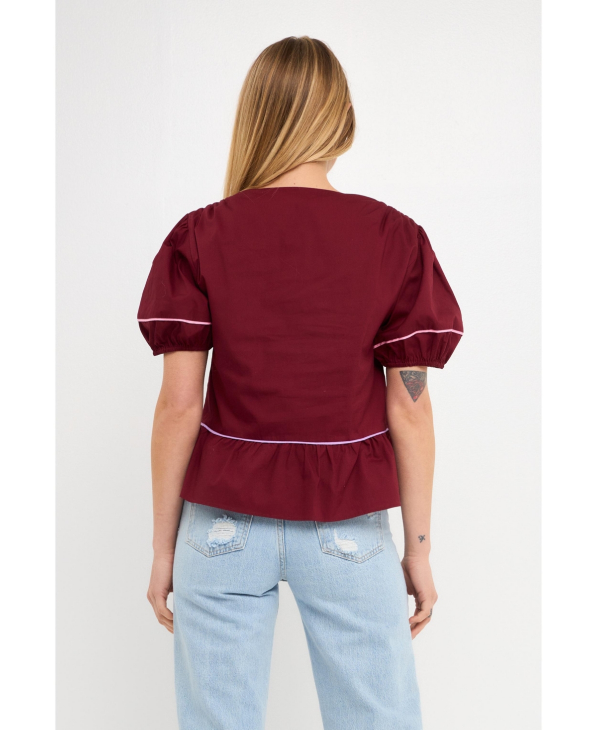 English Factory Women's Piping Detail Top with Short Puff Sleeves