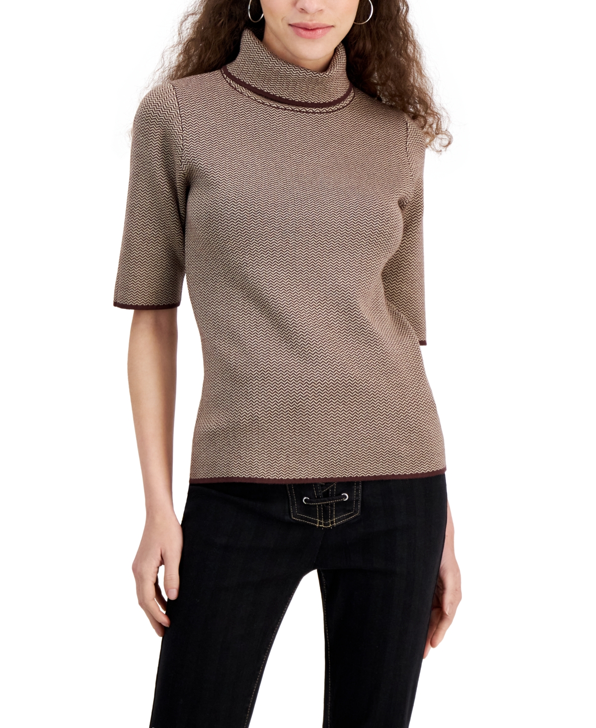 Women's Elbow-Sleeve Turtleneck Sweater - Deep Mahoghany  Pebble