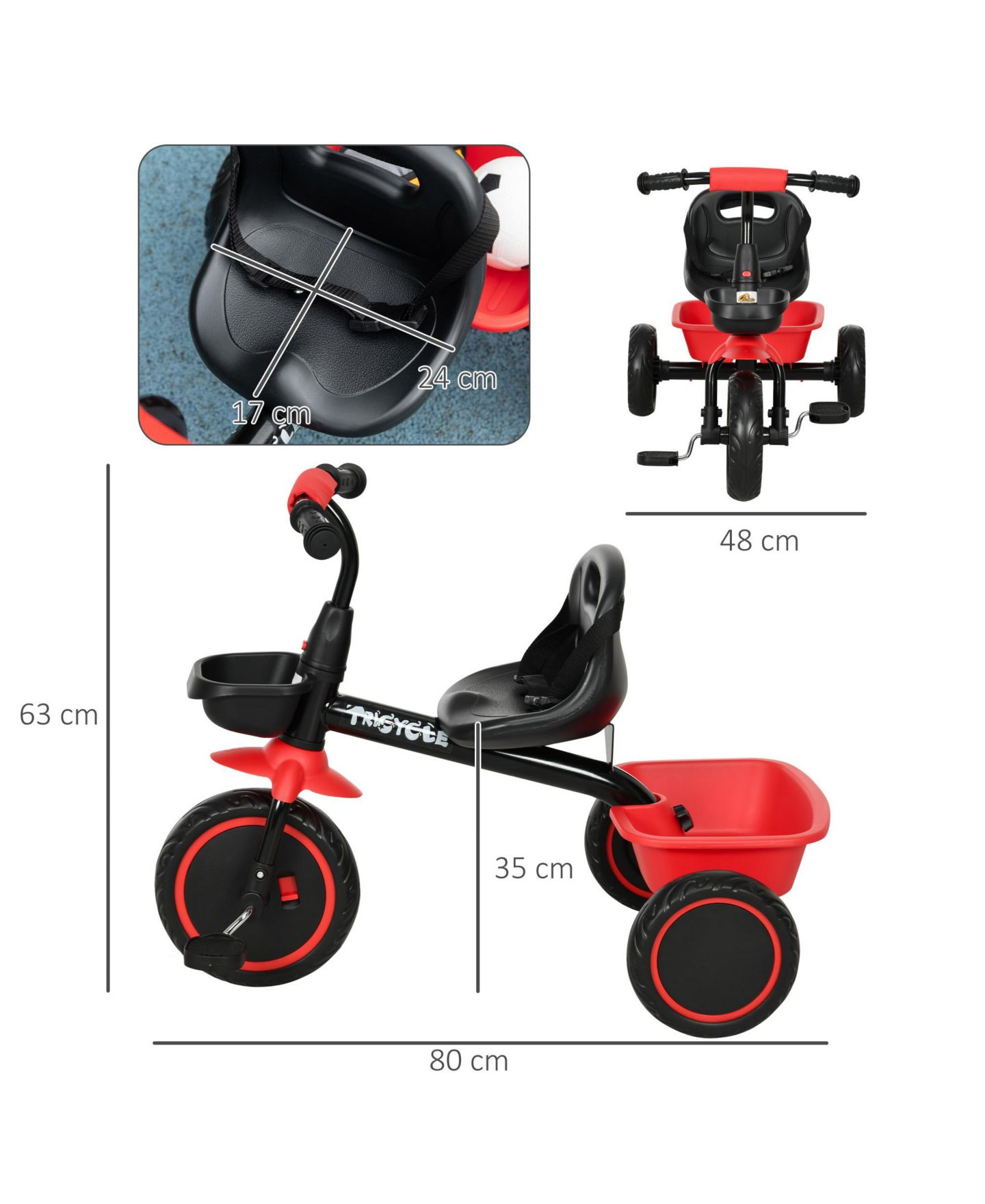 Детская игрушка Qaba Kids' Tricycle with Adjustable Seat and Baskets, 55 lbs Capacity, Ages 2–5, цвет: Красный — фото 2