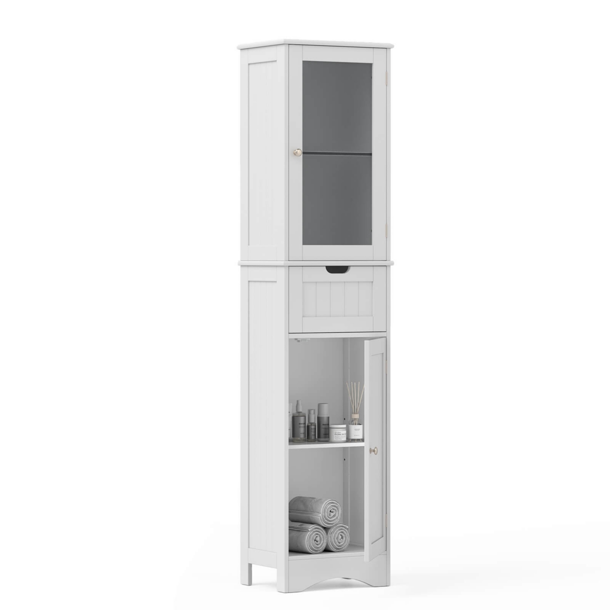 Costway Bathroom Tall Cabinet Freestanding Linen Tower with Doors & Drawer