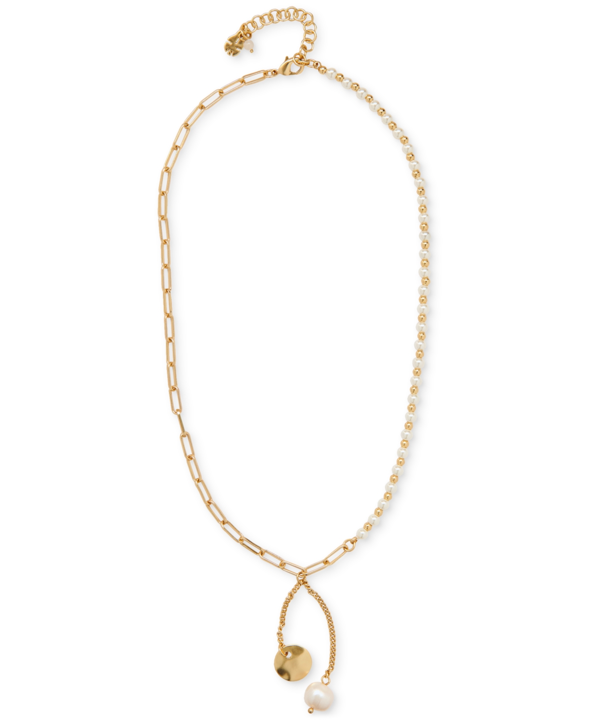 Lucky Brand Gold Tone Freshwater Pearl Asymmetrical Lariat Necklace 17 2 extender Gold Smart Closet