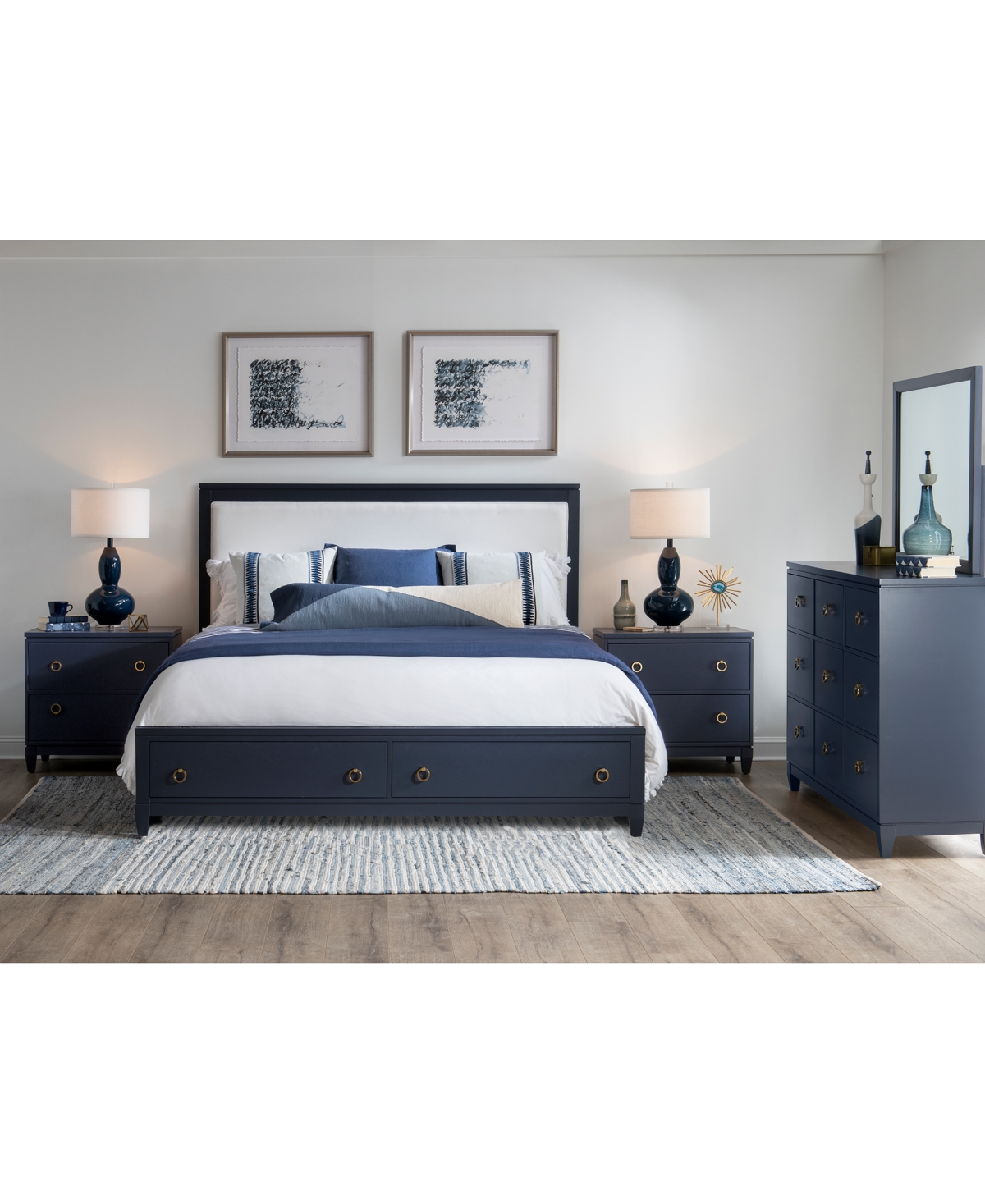 Shop Macy's Summerland 3pc Bedroom Set (california King Upholstered Storage Bed, Dresser, Nightstand) In Blue