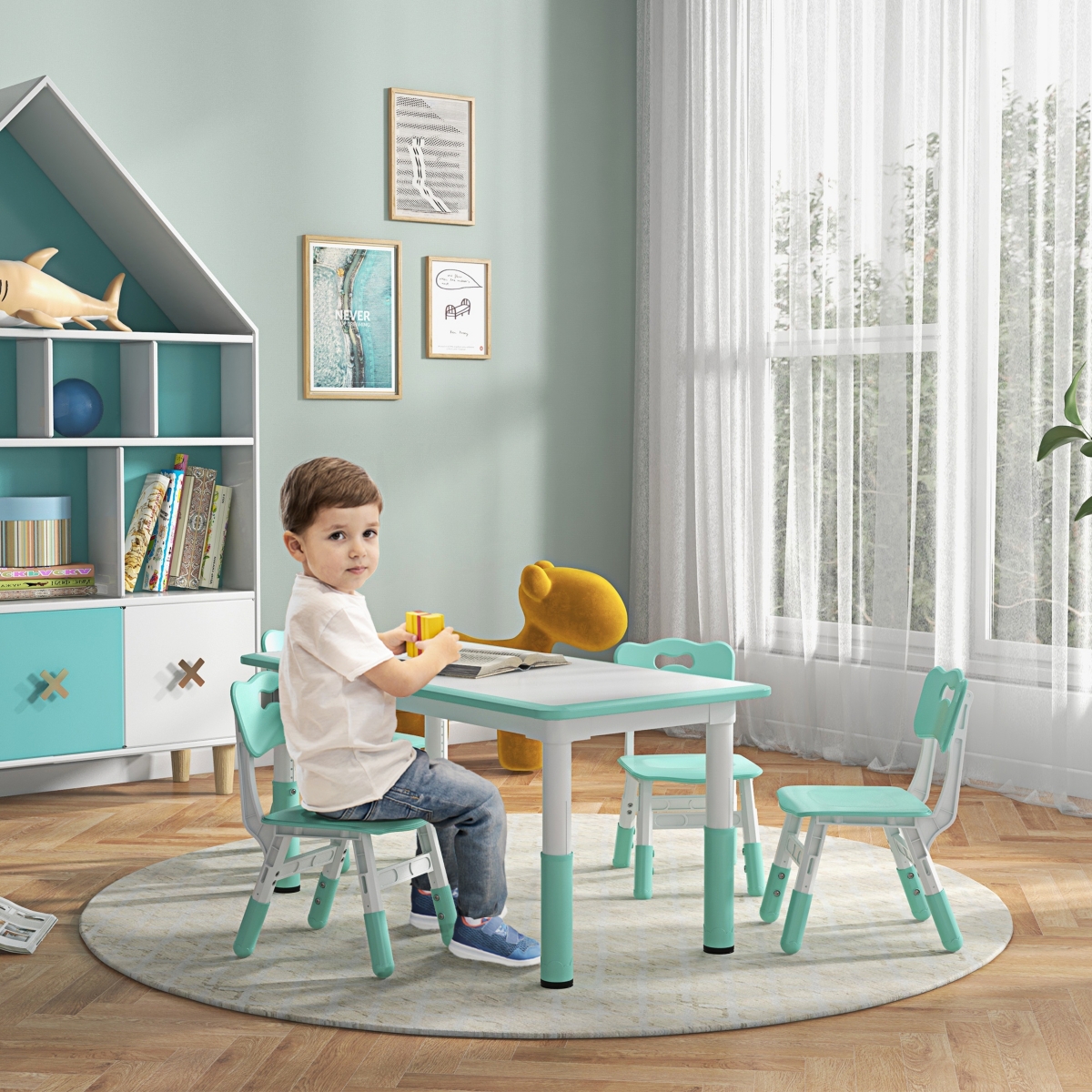 Qaba Kids Table and Chair Set with 4 Chairs, Adjustable Height, Easy to Clean Table Surface, for 1.5 - 5 Years Old,- Green