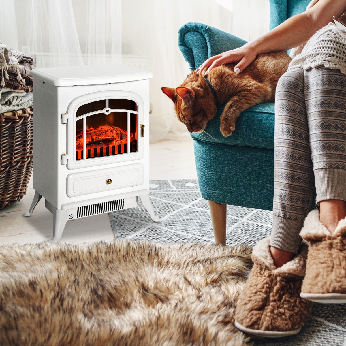 Homcom Freestanding Electric Fireplace Heater with Realistic Led Log Flames
