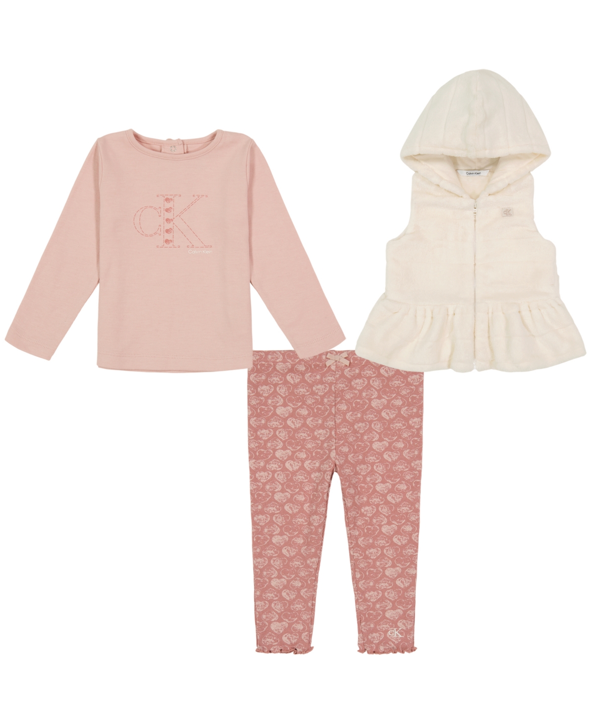 Calvin Klein Babies' Infant Girl T-shirt, Silky Sherpa Vest Print Leggings Set, 3 Piece In Cream