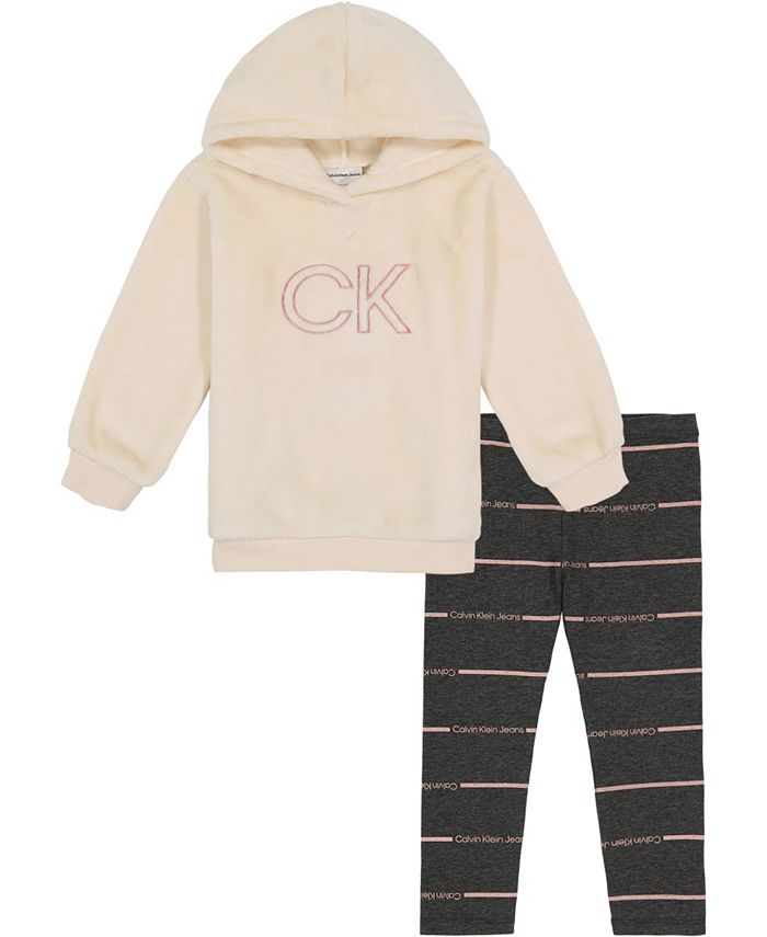 Calvin Klein Infant Girl Silky Sherpa Logo Hoodie Striped Leggings