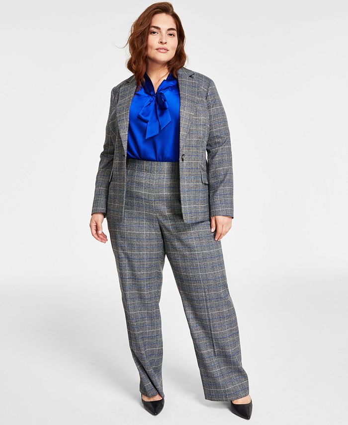 Kvinde foran faldt Kasper Plus Size Plaid One-Button Jacket, Tie-Front Blouse, Pull-On Pants -  Macy's