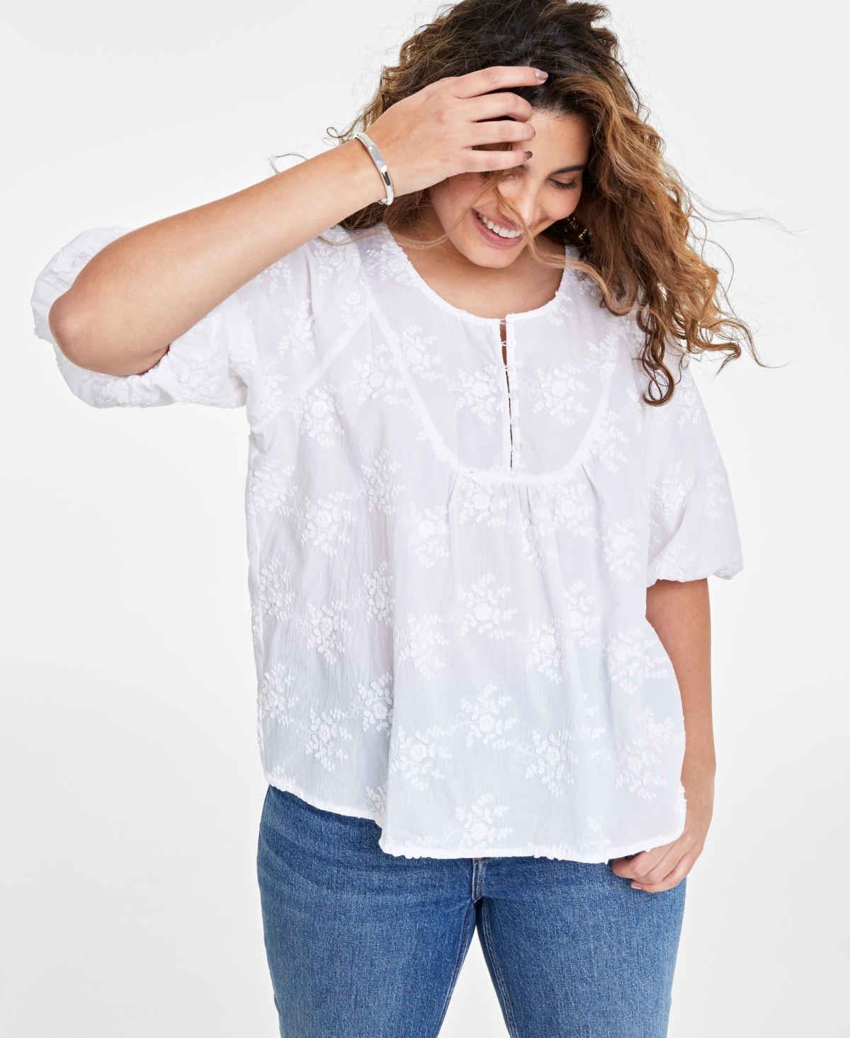 On 34th Trendy Plus Size Crewneck Flutter-sleeve Top, Created For Macy's In Bright White