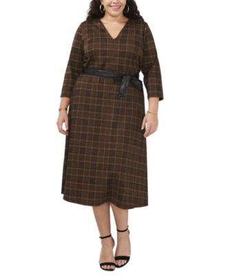 MSK - Plus Size Plaid-Print 3/4-Sleeve Tie-Belt Midi Dress
