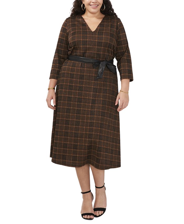 MSK Plus Size Plaid-Print 3/4-Sleeve Tie-Belt Midi Dress - Macy's