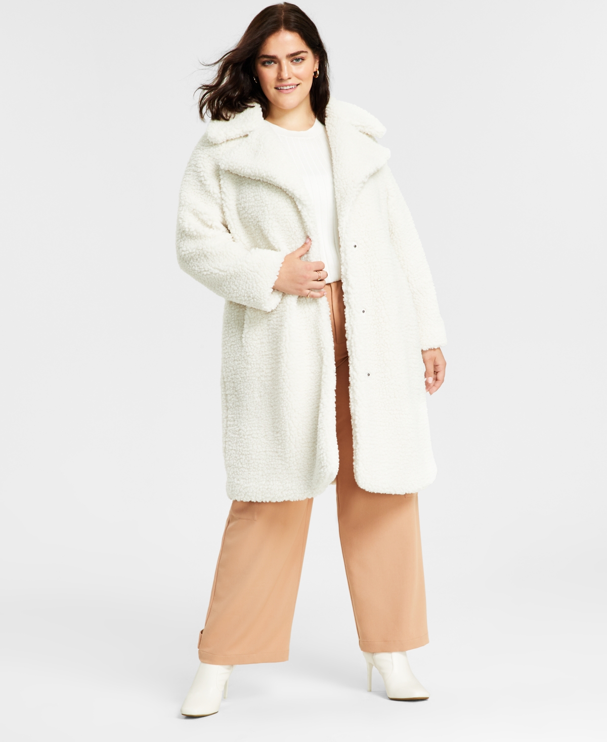 Shop Bcbgeneration Women's Plus Size Notch-collar Teddy Coat, Created For Macy's In Cream