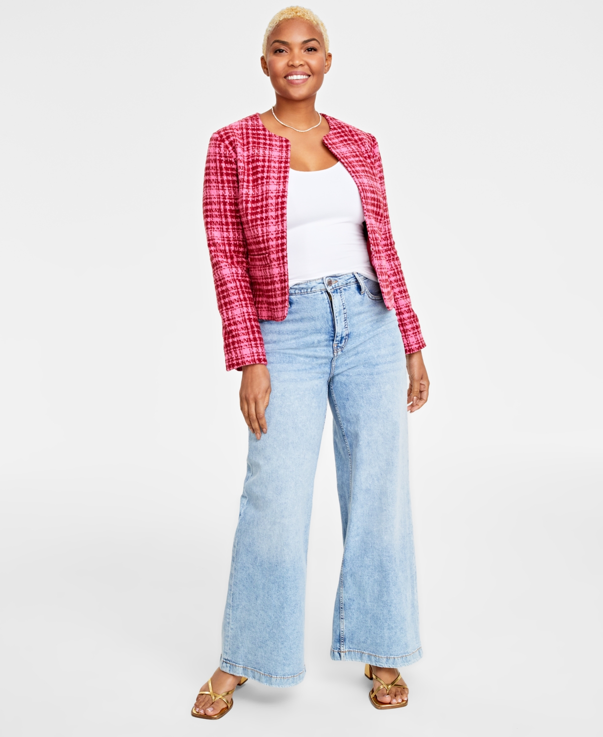 On 34th Women's Long-sleeve Crop Tweed Jacket, Created For Macy's In Azalea Pink Combo
