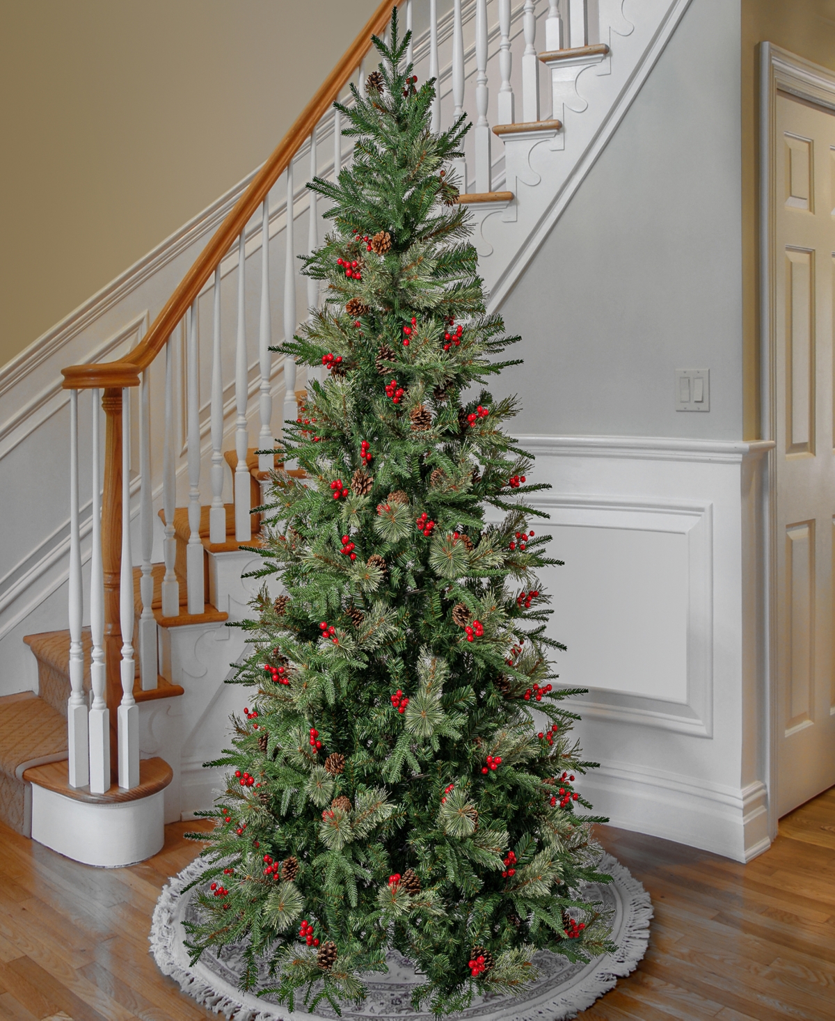National Tree Company 7.5' Feel-real Virginia Pine Hinged Pine-needle Christmas Tree W Berries & Pinecones In Green