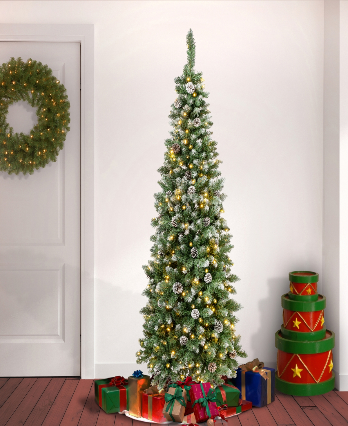 National Tree Company 6 Ft. Oakley Hills Snow Slim Hinged Tree With 53 Pine Cones & 250 Warm White Led Lights In Green