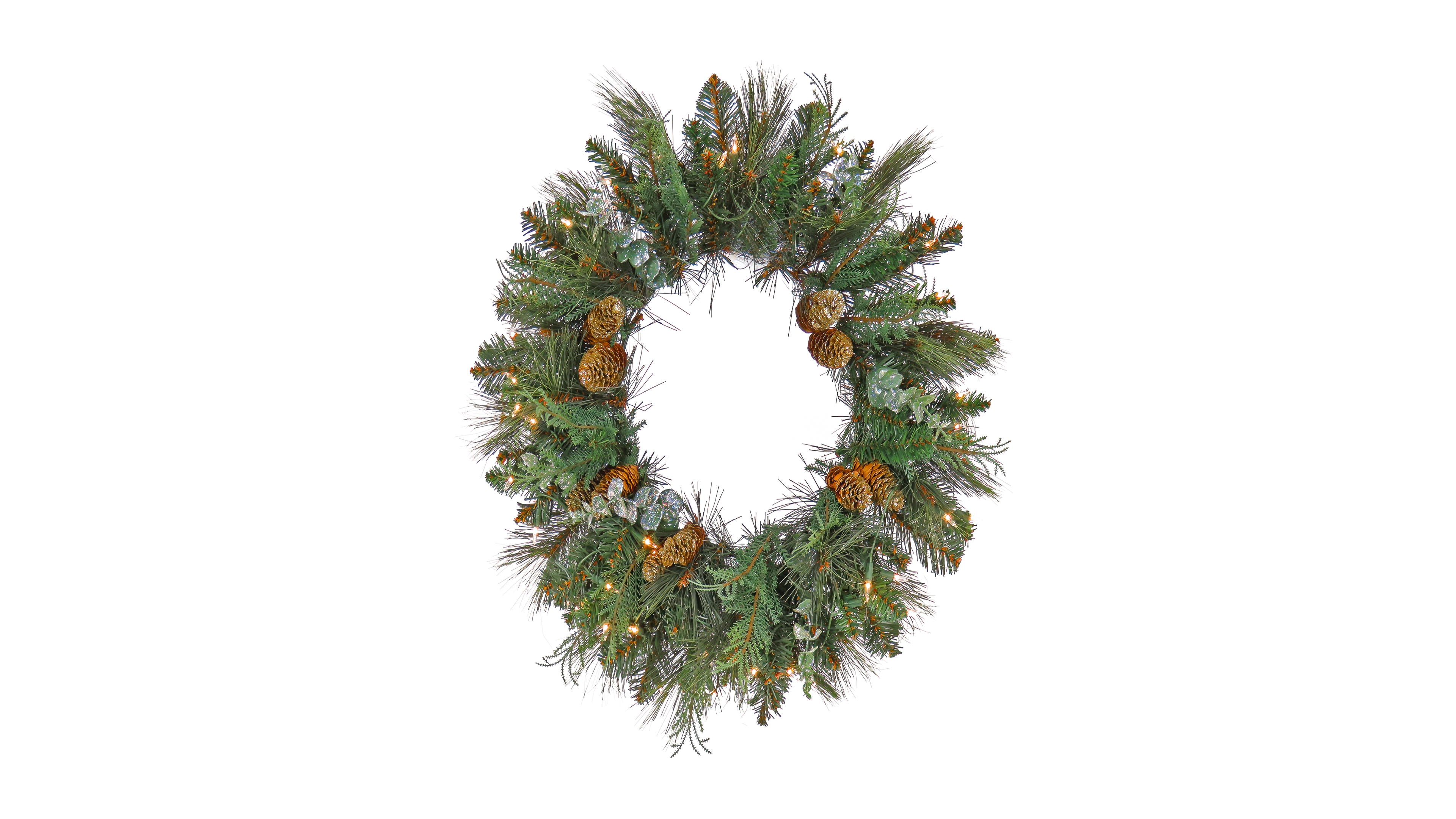 National Tree Company First Traditions Collection, 24" Pre-Lit Artificial North Conway Wreath with Glittery Cones and Eucalyptus, 50 Clear Lights
