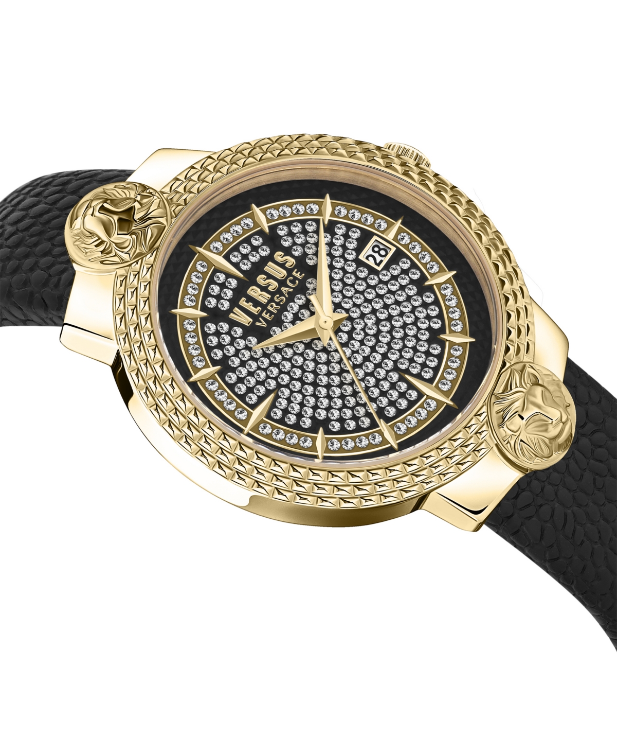 Shop Versus Women's Watch 3 Hand Date Quartz Mouffetard Crystal Dial Black Leather Strap Watch 38mm In Gold
