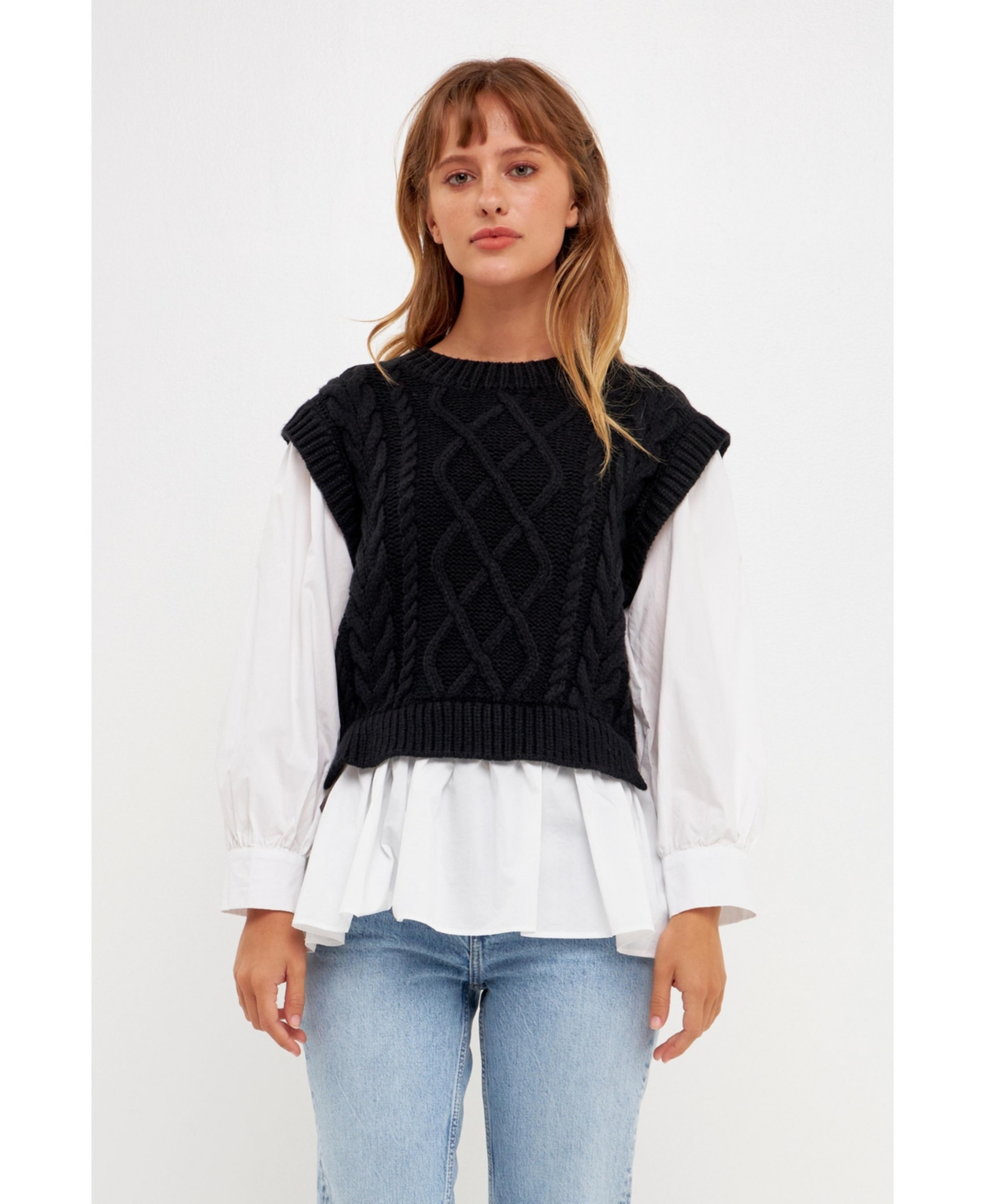 English Factory Women's Mixed Media Cable Detail Sweater -white