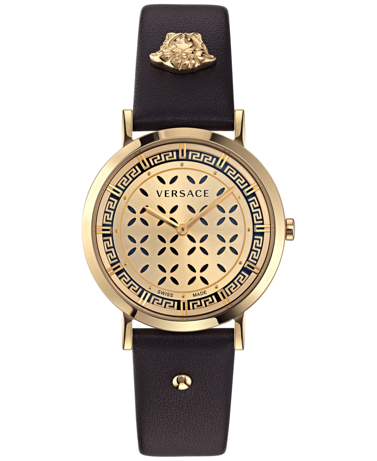Shop Versace Women's Swiss New Generation Black Leather Strap Watch 36mm In Ip Yellow Gold