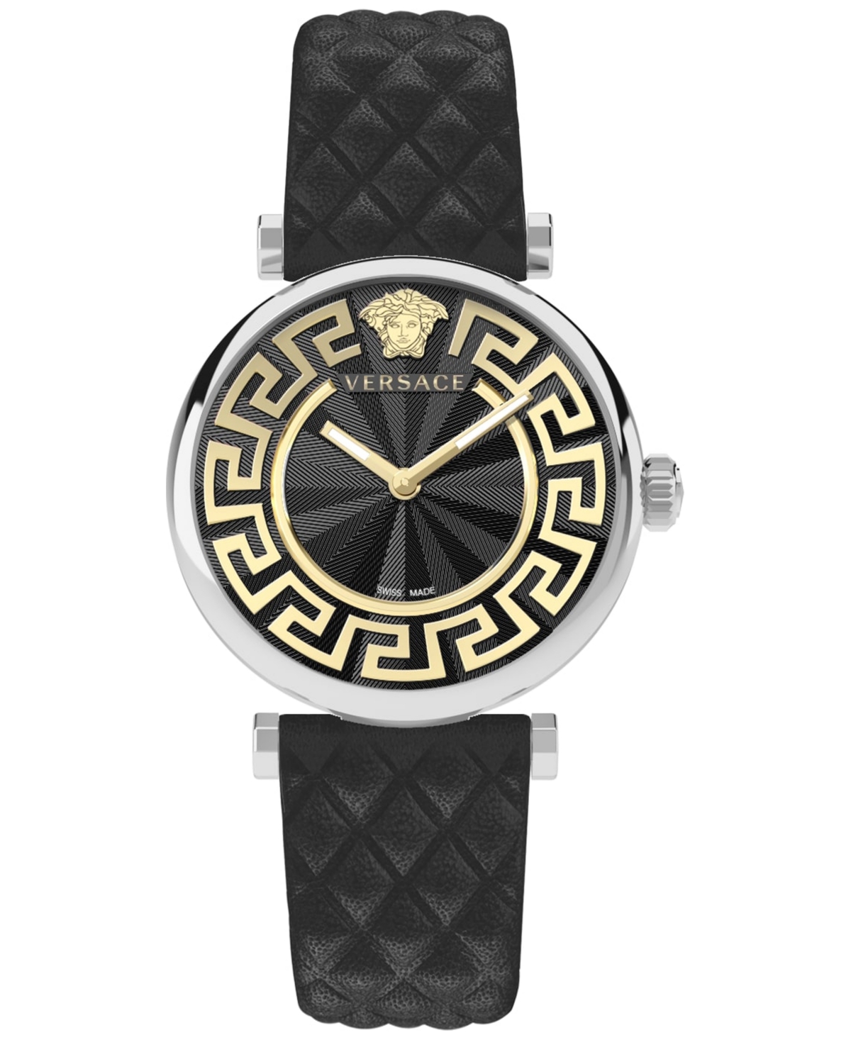 Shop Versace Women's Swiss Greca Chic Black Leather Strap Watch 35mm In Stainless Steel